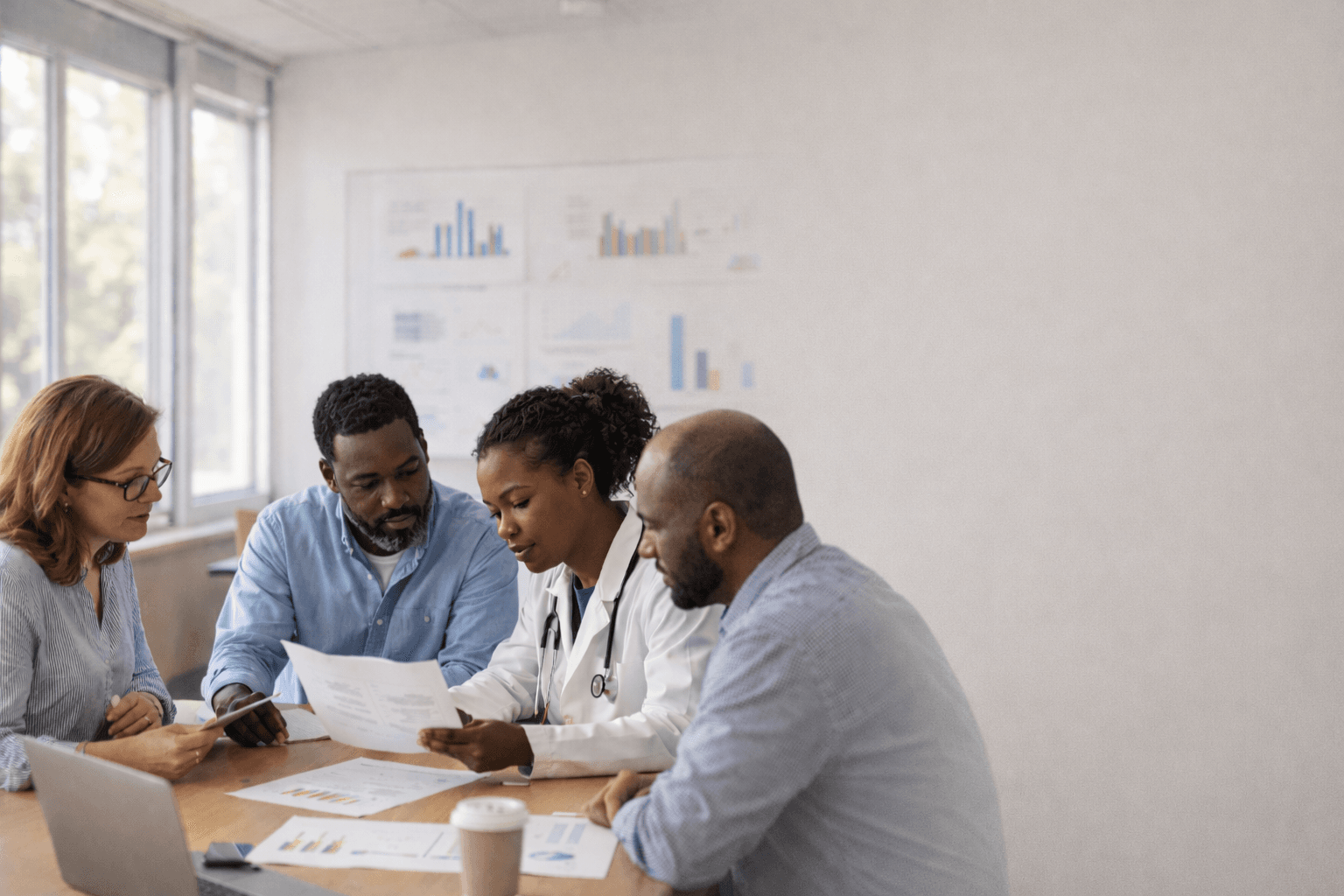 Diverse research team reviewing study data and documents at a table