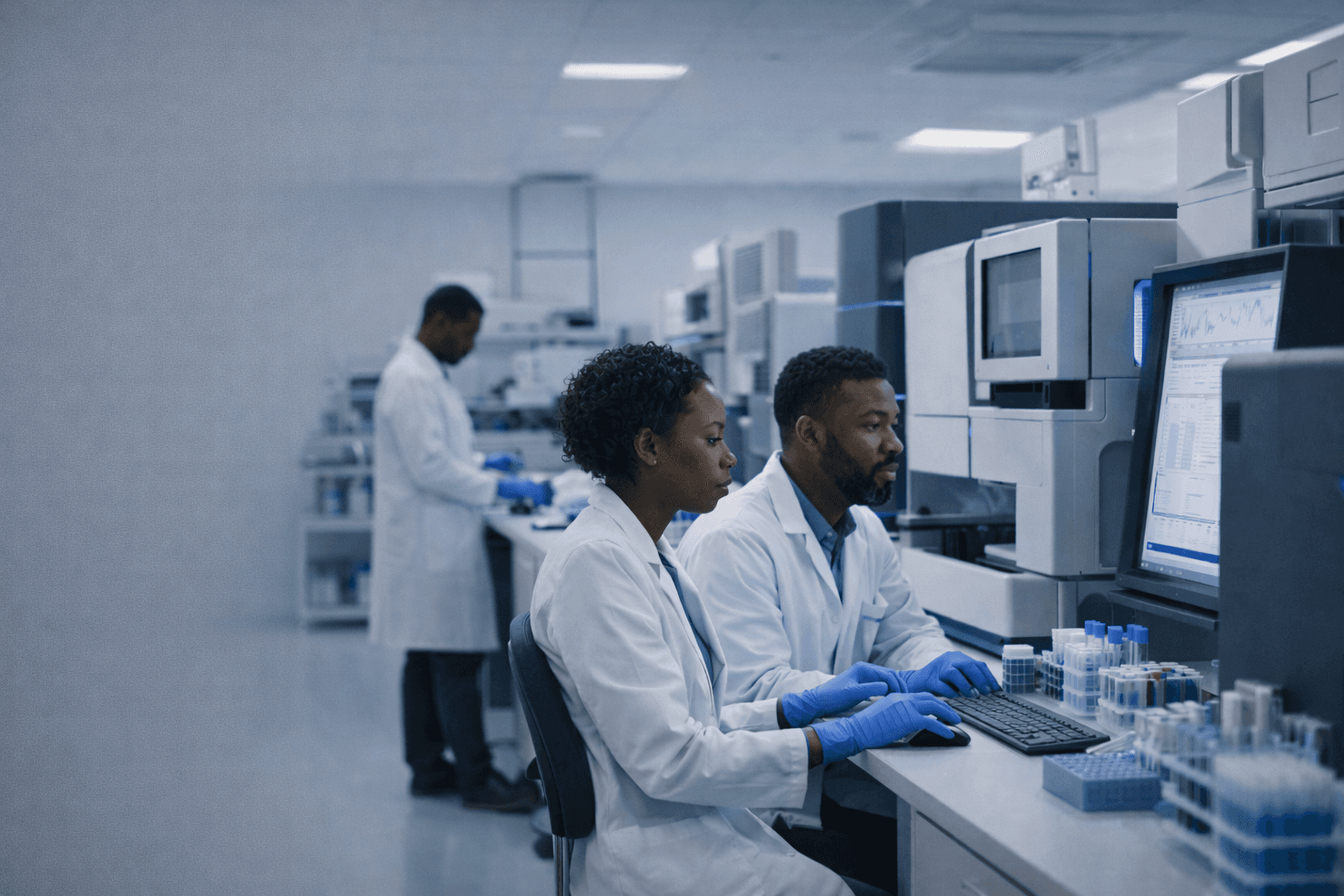 Scientists working in molecular genomics laboratory at advanced equipment
